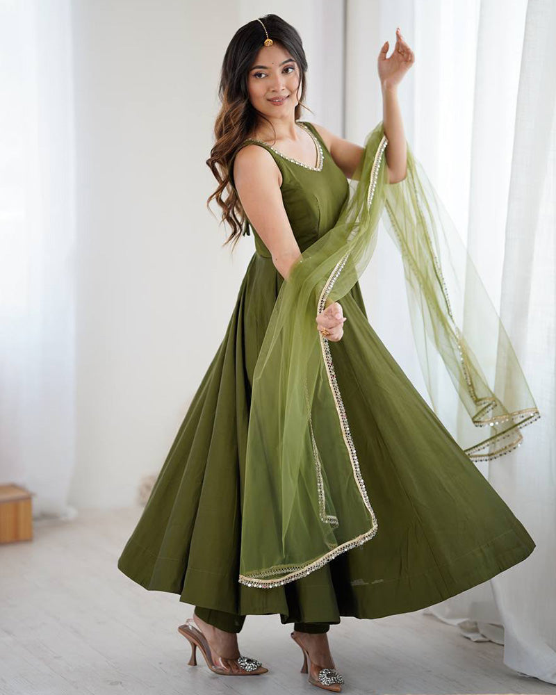 Designer Mehndi Color Roman Chanderi Silk Anarkali Suit