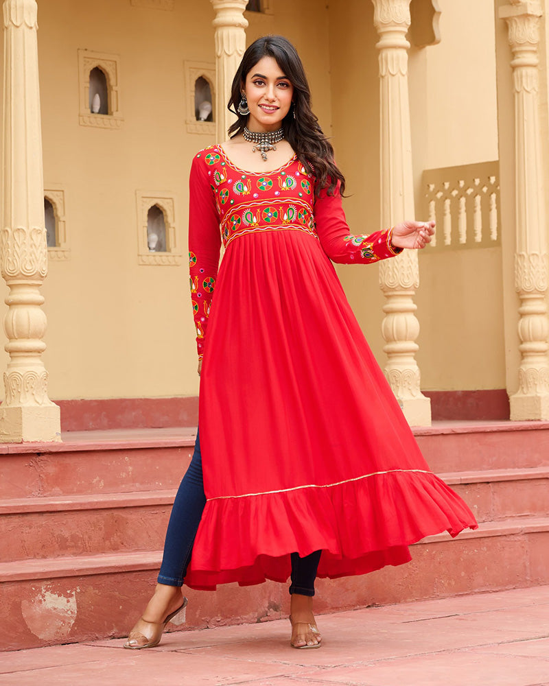 Vibrant Red Flared Rayon Kurti With Gamthi Work