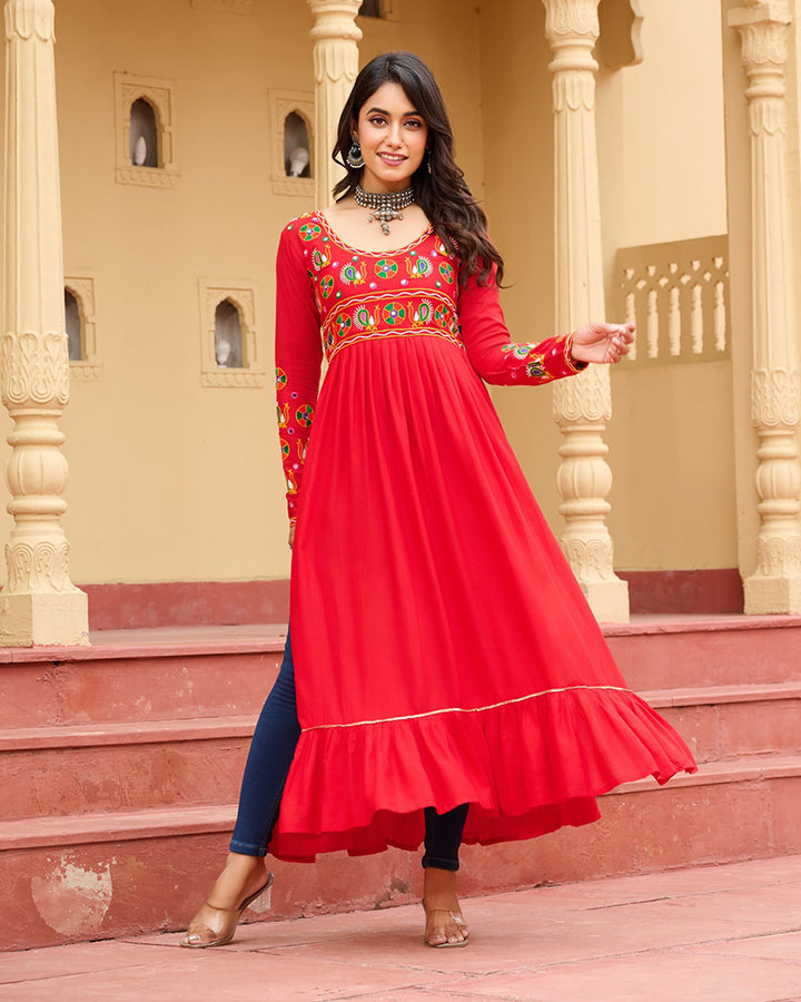 Vibrant Red Flared Rayon Kurti With Gamthi Work