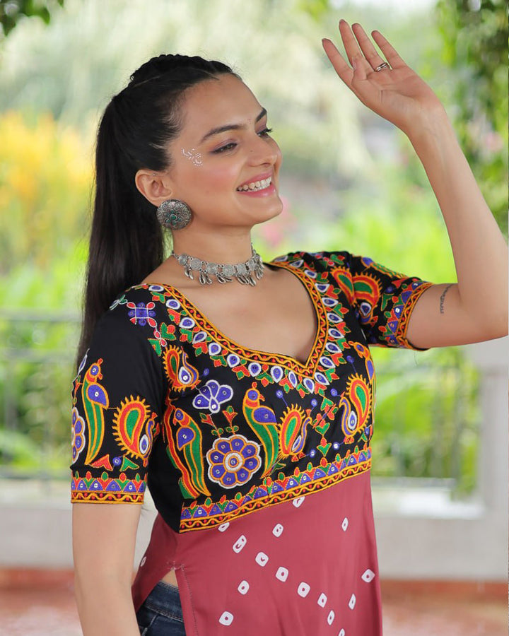 Navratri Special Maroon Black Color Rayon Kutchi Work Kurti