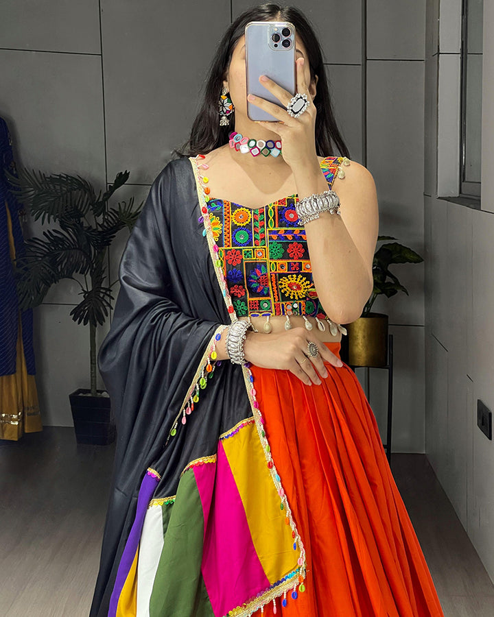 8 Multi Color Designer Pure Rayon Cotton Gamthi Work Navratri Lehenga Choli