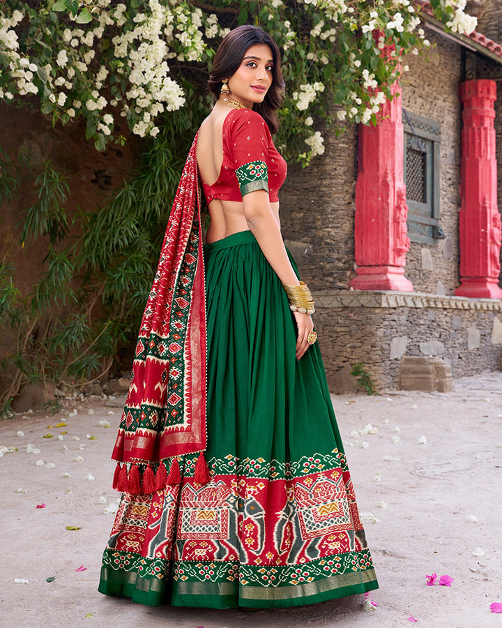 Designer Patola Printed Green Color Tussar Silk Lehenga Choli