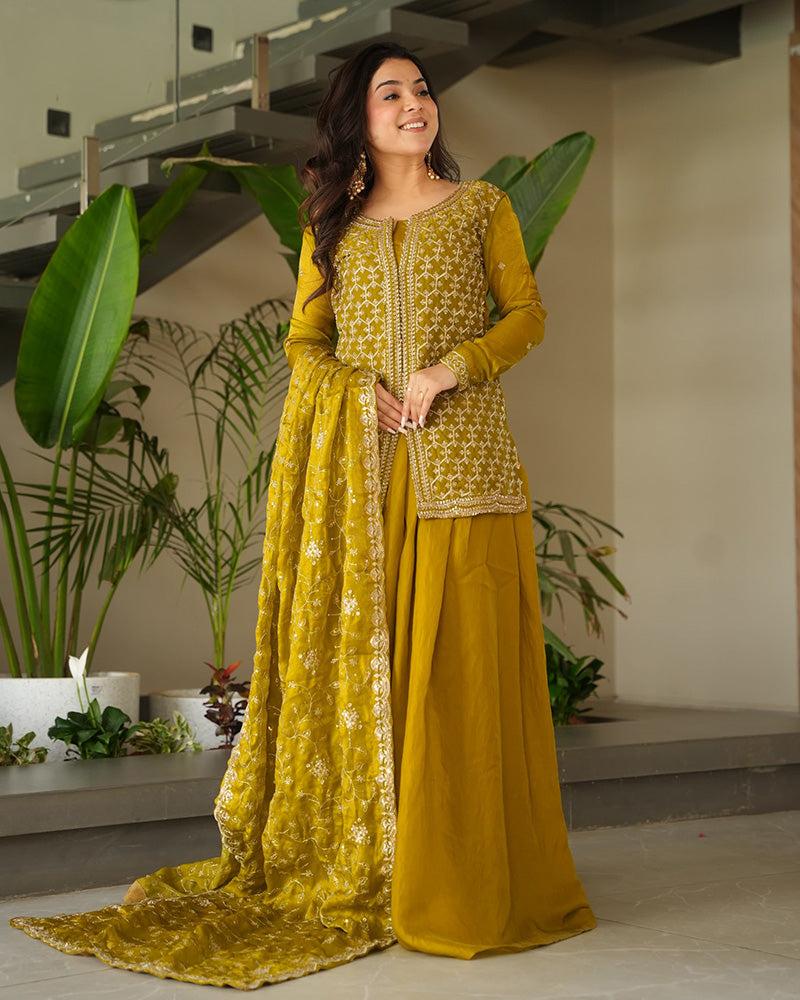Elegant Mustard Embroidered Sharara Set with Dupatta