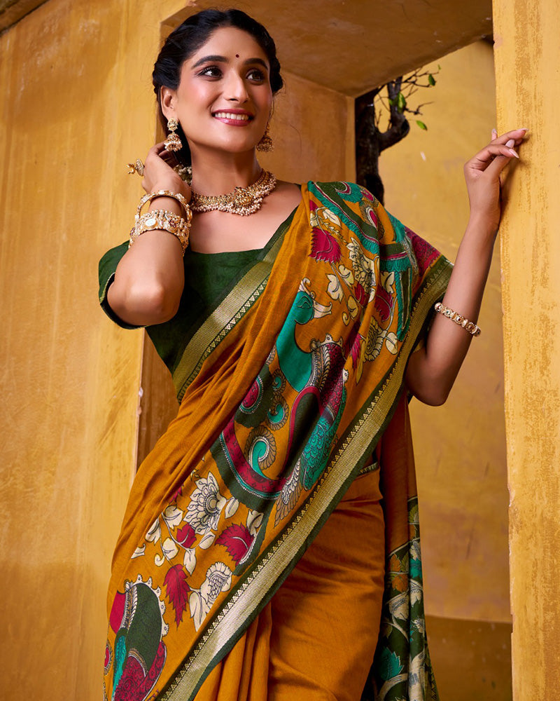 Mustard Color Viscose Chanderi Printed Saree