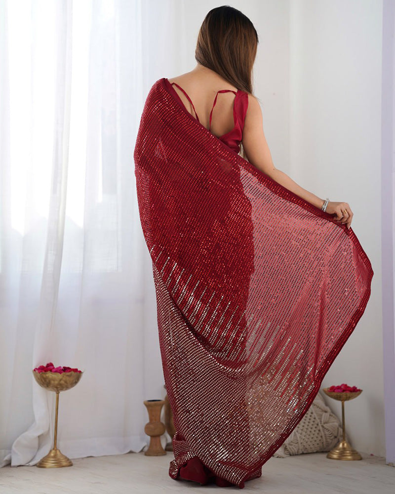 Red Color Heavy Georgette Sequence Embroidered Saree