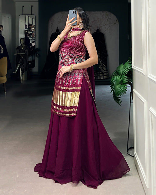 Designer Maroon Color Gaji Silk Three Piece Plazzo Suit