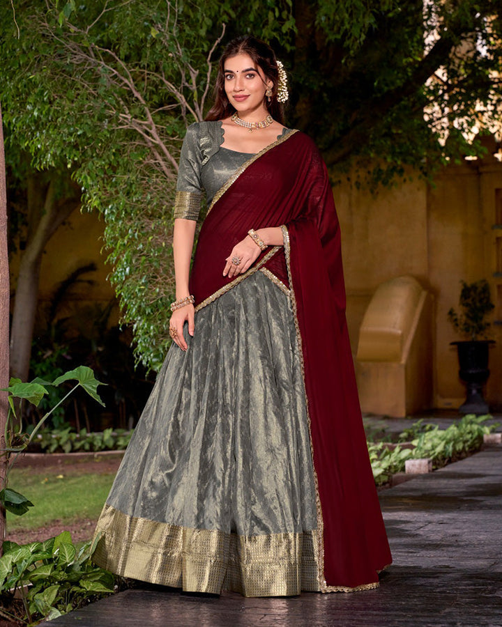 Grey Color Dupion Silk Zari Weaving Half Saree