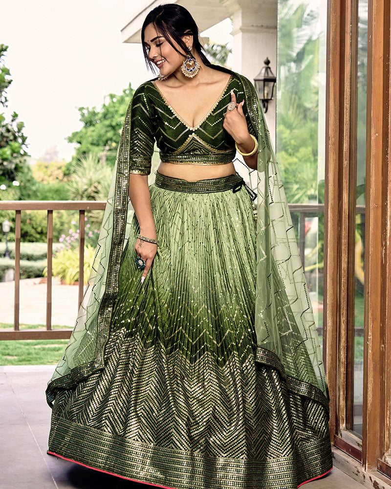 Green Color Chinon Sequence Embroidered Lehenga Choli