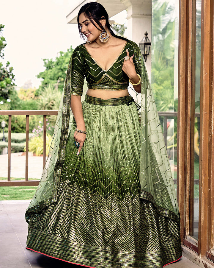 Green Color Chinon Sequence Embroidered Lehenga Choli