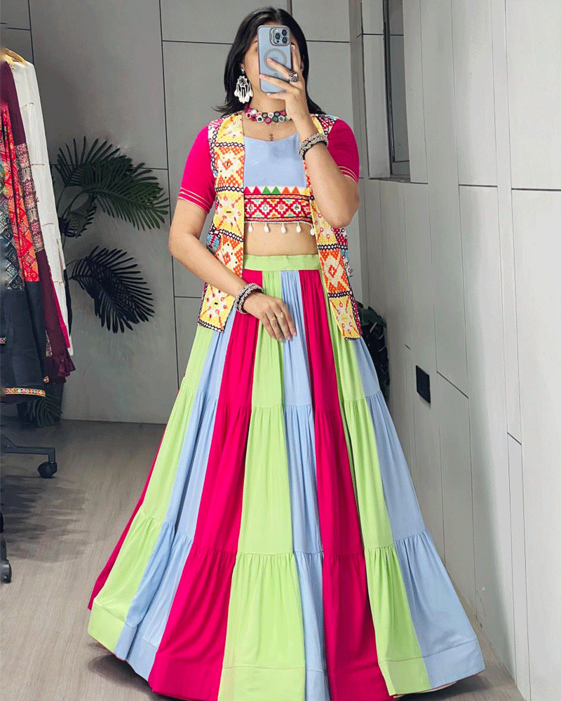 Vibrant Multi Color Kali Frilled Navratri Lehenga Choli
