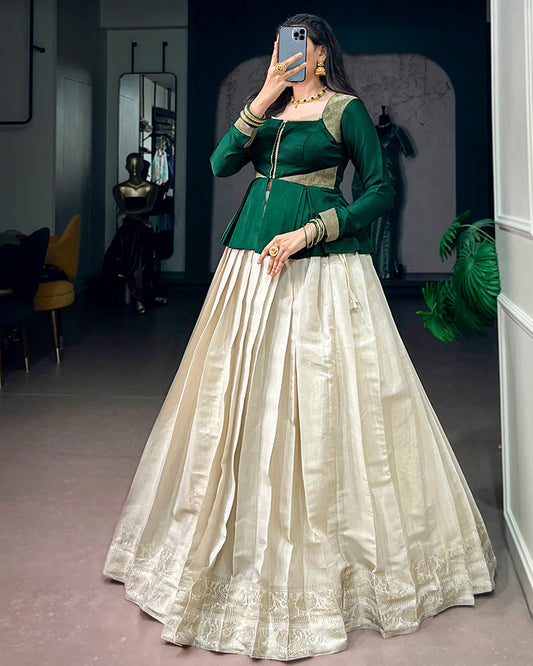 Cream Color Zari Weaving Kanchipuram  Lehenga Choli