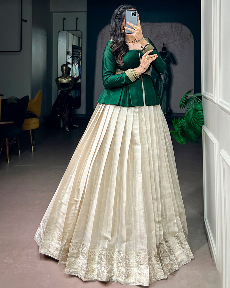 Cream Color Zari Weaving Kanchipuram  Lehenga Choli