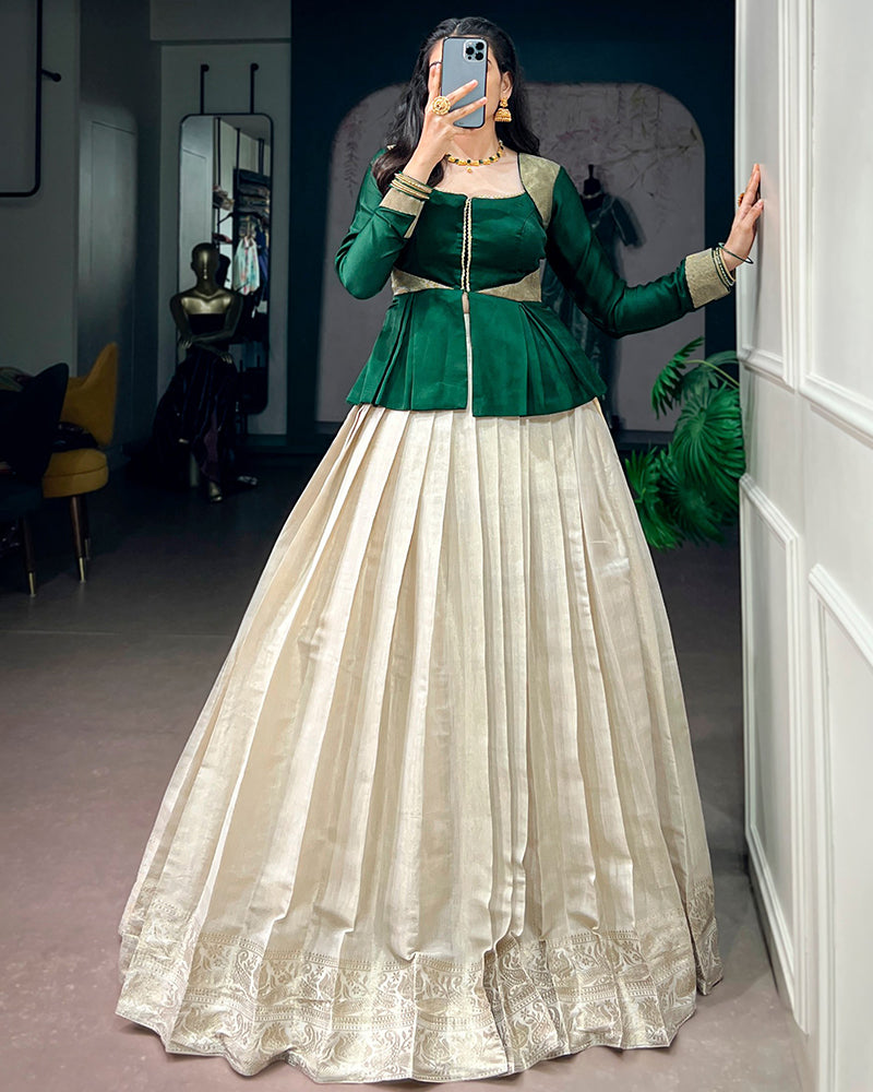Cream Color Zari Weaving Kanchipuram  Lehenga Choli