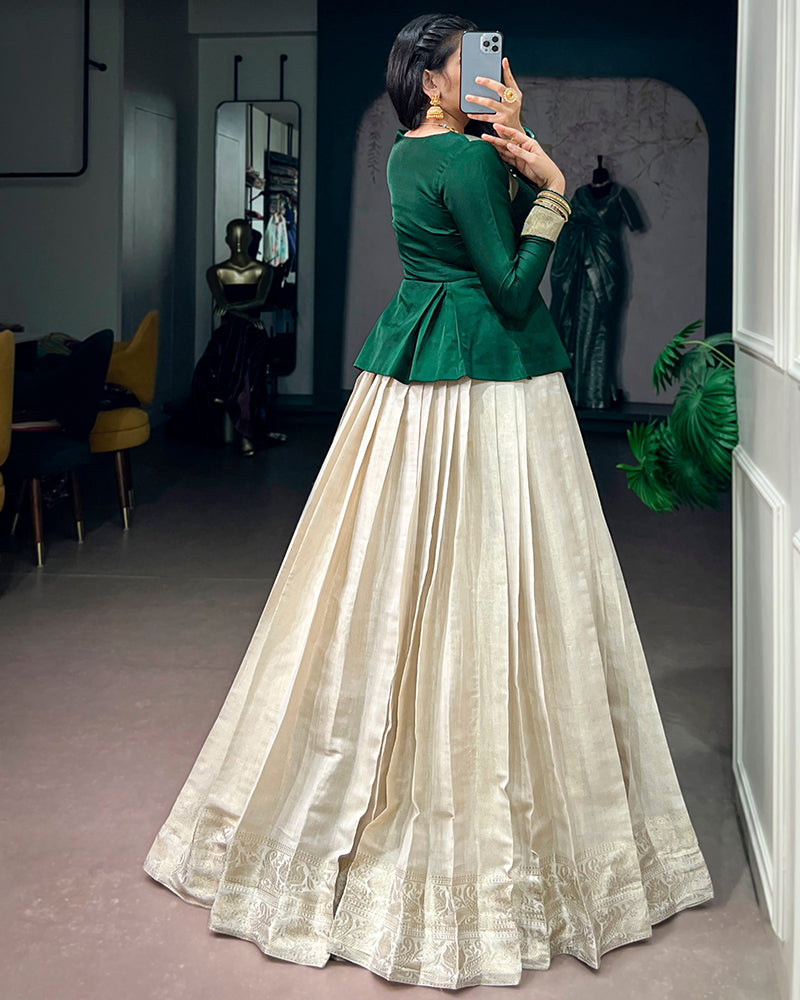 Cream Color Zari Weaving Kanchipuram  Lehenga Choli