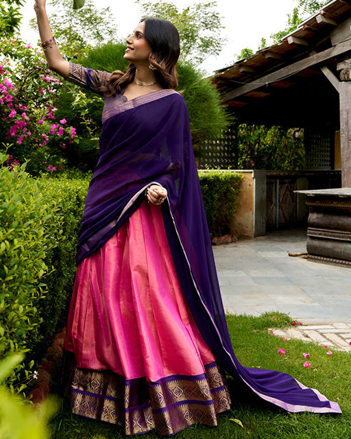 Elegant Pink Color Kanchipuram Designer Half Saree