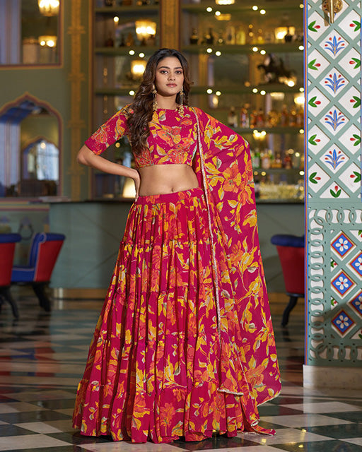 Pink Color Marble Floral Printed Lehenga Choli