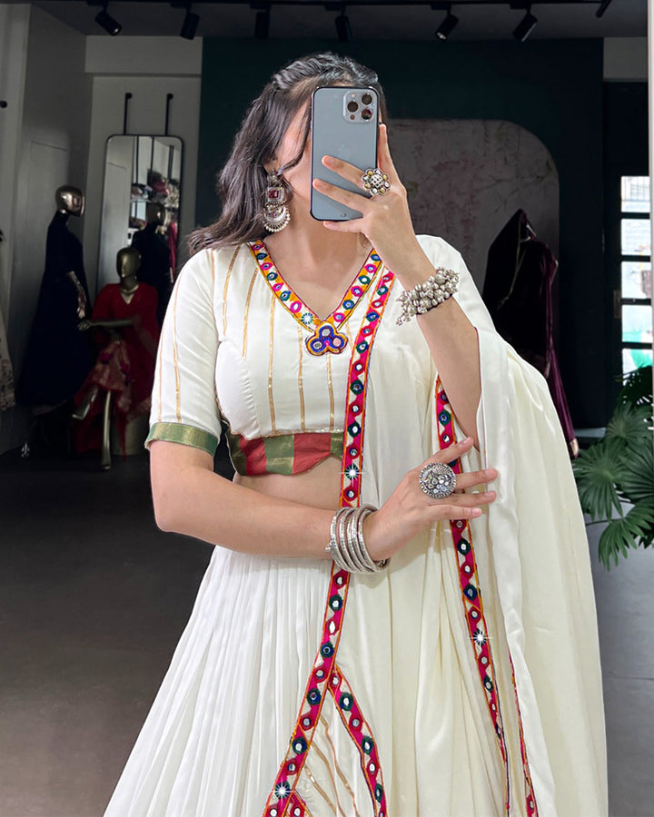 Vibrant White Color Rayon Gamthi Work Navratri Lehenga Choli