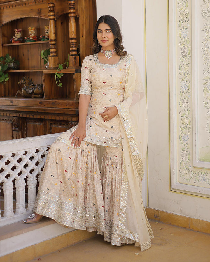 Off-White Color Viscose Jacquard Embroidered Gharara Suit