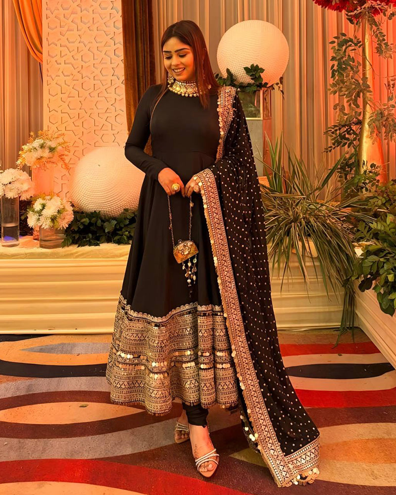 Black Color Rayon Embroidered Three Piece Anarkali Suit