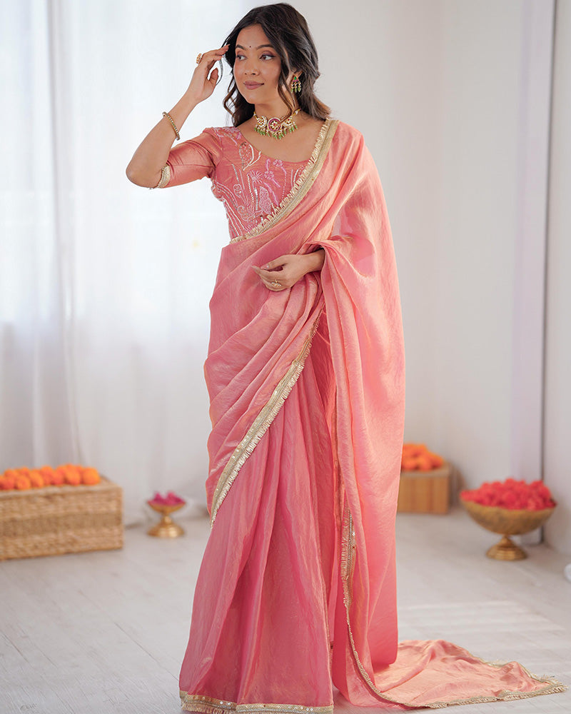 Baby Pink Color Fendi Silk Pre Draped Saree
