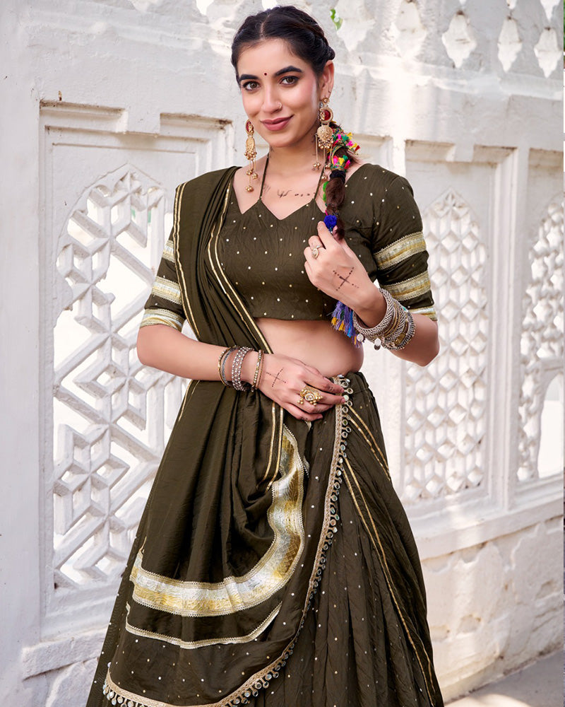 Elegant Mehndi Color Pure Chanderi Full Stitched Lehenga Choli