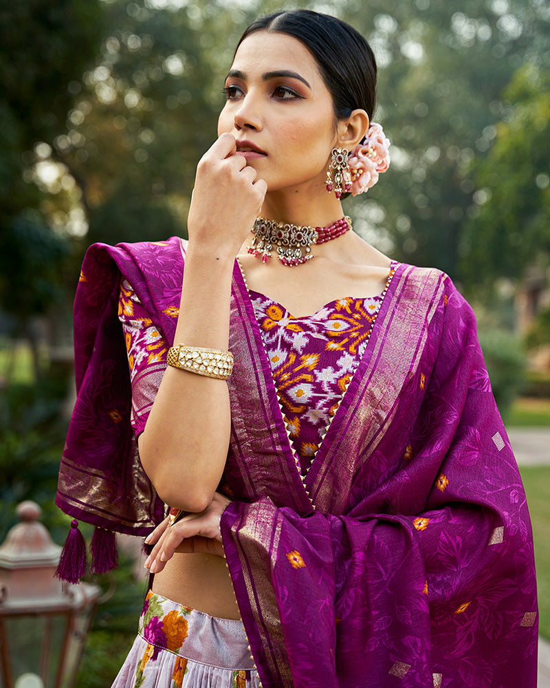 Wine Color Tussar Silk Floral And Patola Print Lehenga Choli