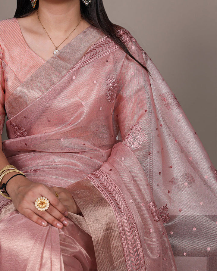 Light Pink Color Poly Shimmer Embroidered Saree