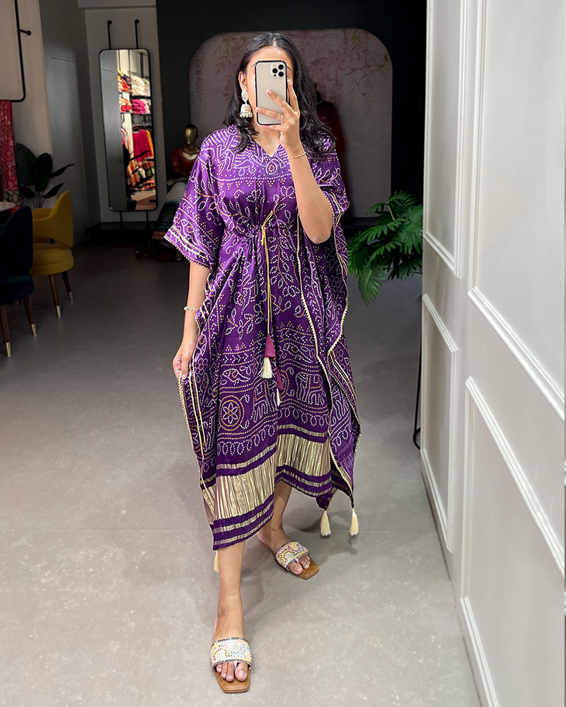 Designer Purple Color Gaji Silk Bandhej Print Kaftan