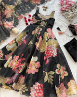 Black Color Digital Printed Soft Organza Anarkali Suit