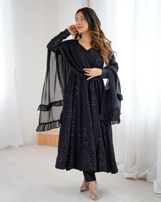 Black Color Georgette Lucknowi Three Piece Anarkali Suit