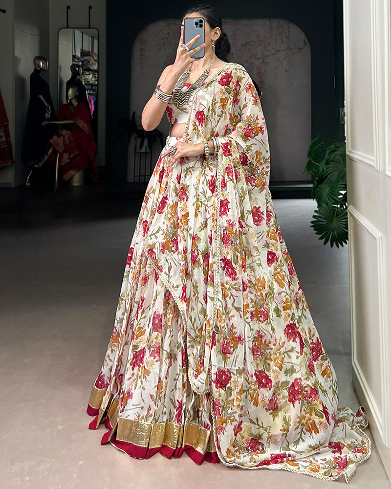 White Color Chiffon Floral And Foil Printed Lehenga Choli