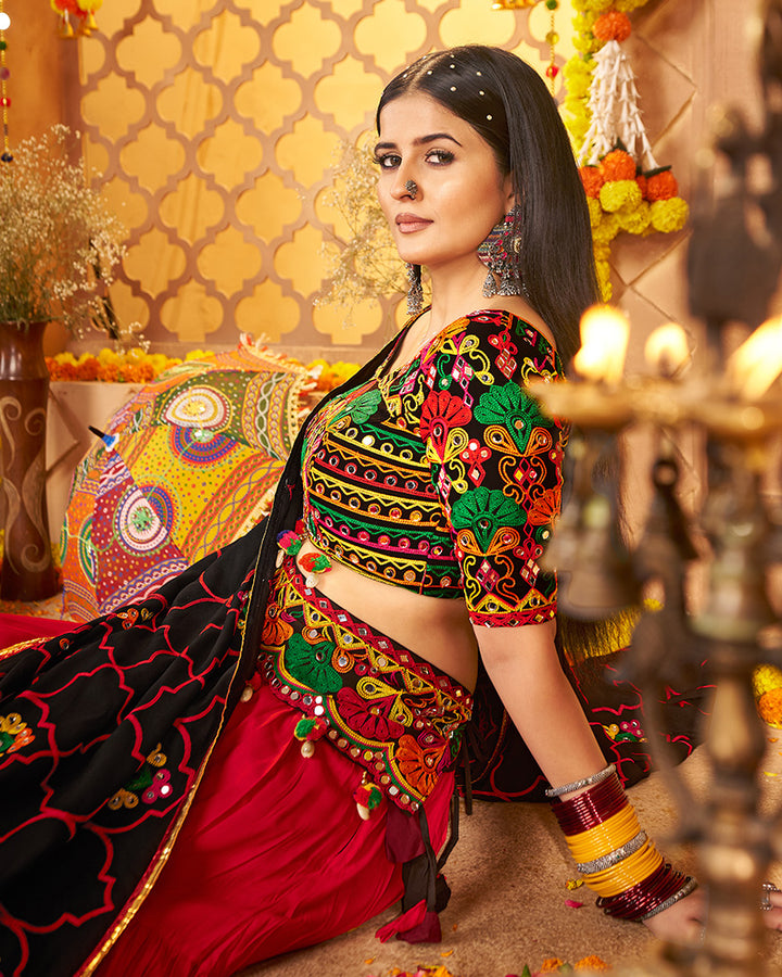 Vibrant Red Multi Color Embroidered Garba Choli