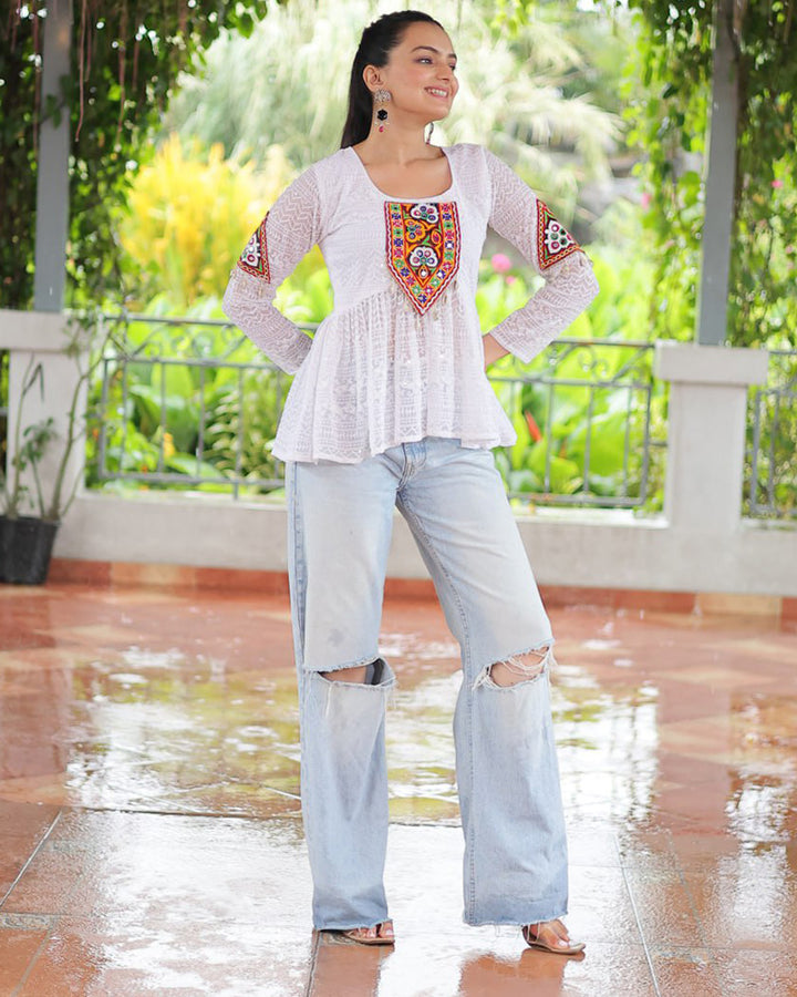 White Color Georgette Lucknowi Work Navratri Kediya