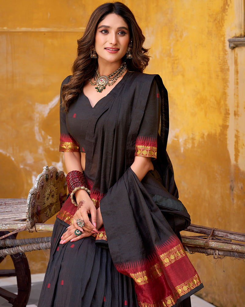 Traditional Black Color Chanderi Half Saree With Zari Detailing