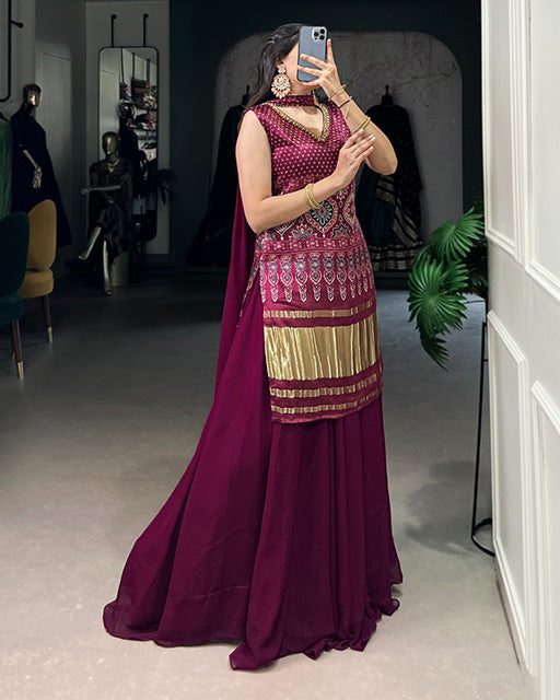 Designer Maroon Color Gaji Silk Three Piece Plazzo Suit
