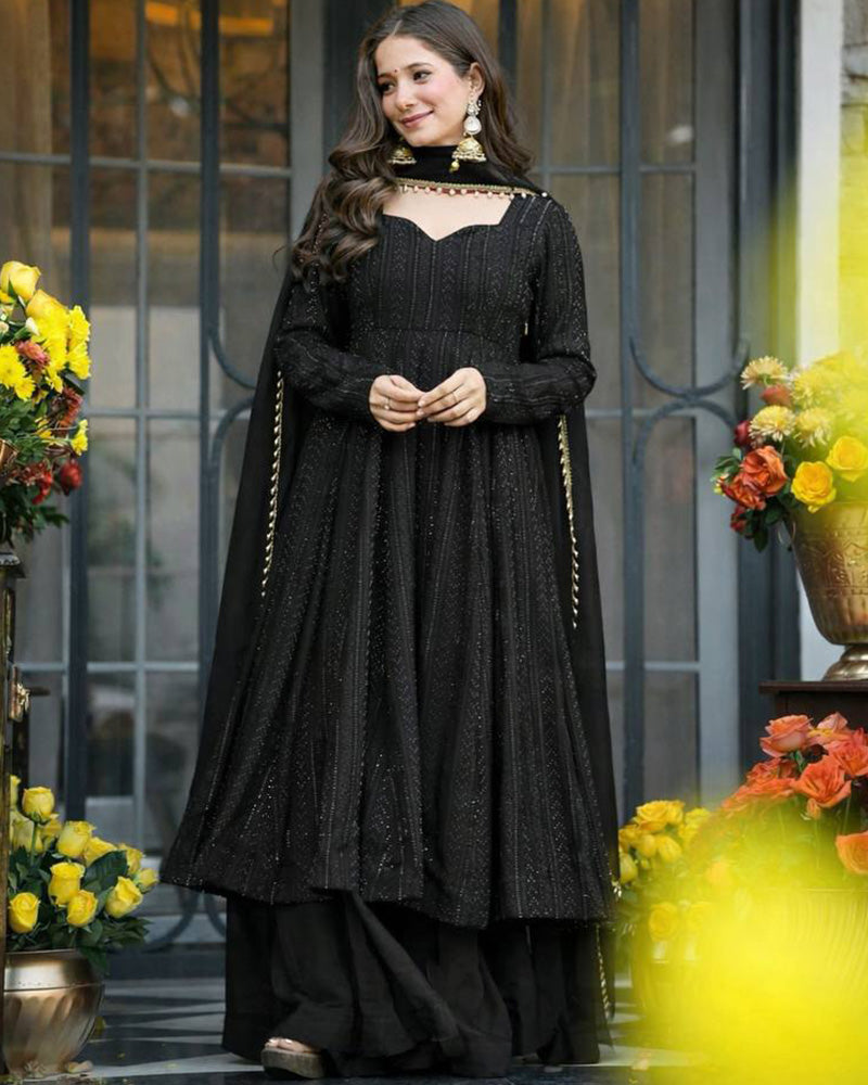Black Color Faux Blooming Embroidered Sharara Suit