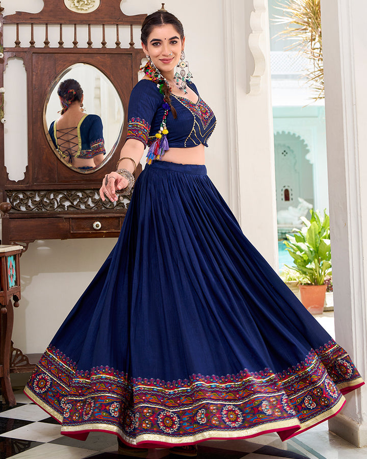 Navy Blue Color Tasar Silk Gamthi Printed Navratri Lehenga Choli
