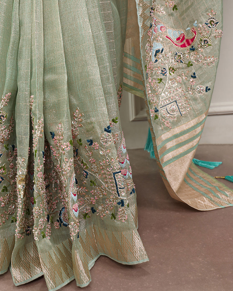 Sky Blue Color Embroidered Kota Tissue Saree