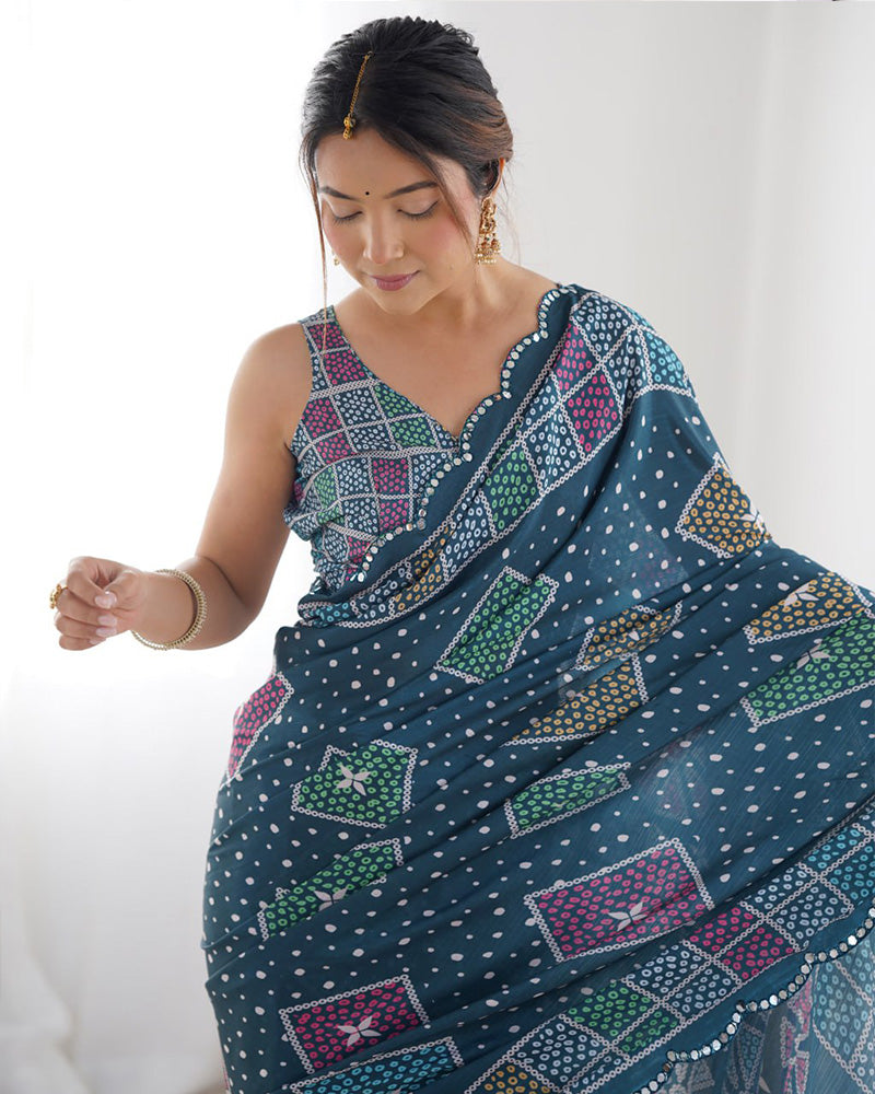 Navy Blue Color Chinnon Silk Printed Saree