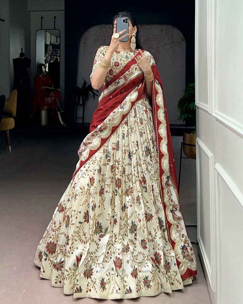 Off-White Color Tasar Silk Foil Printed Lehenga Choli