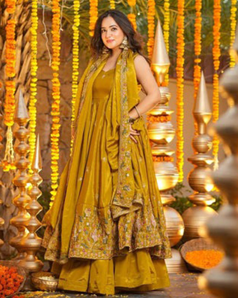 Mustard Color Crunchy Silk Embroidered Sharara Suit
