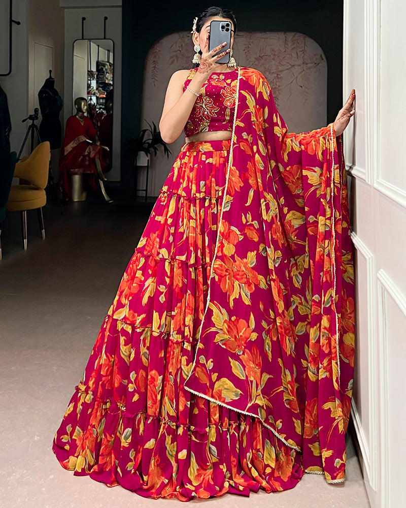 Pink Color Marble Floral Printed Lehenga Choli