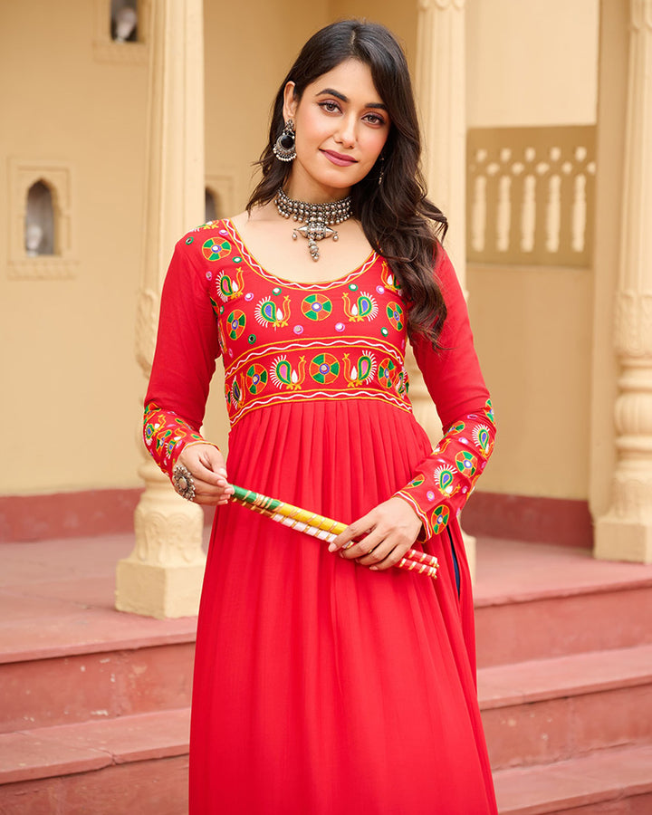 Vibrant Red Flared Rayon Kurti With Gamthi Work