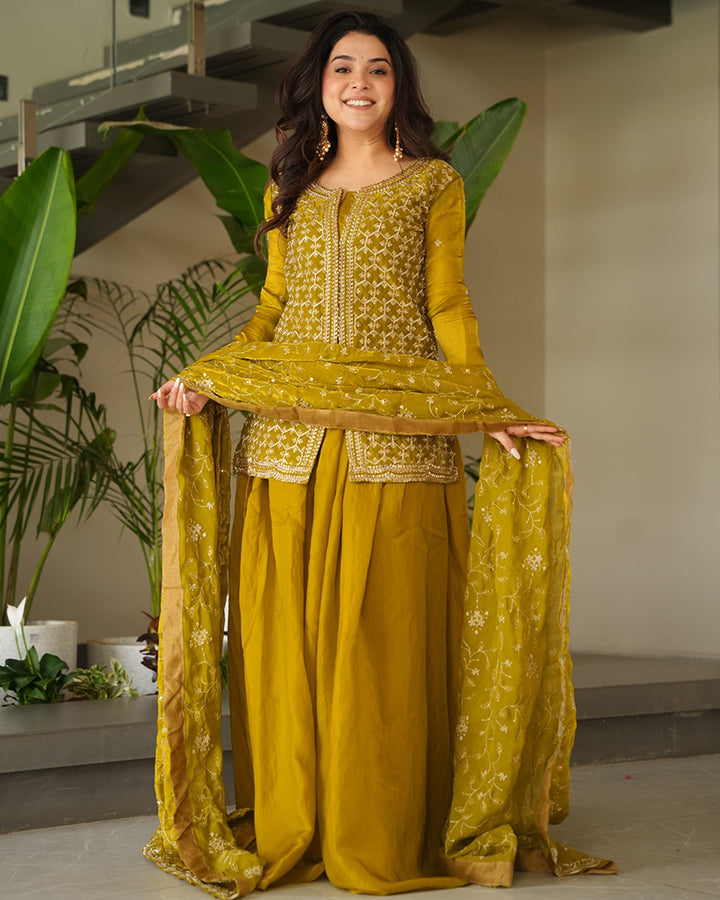 Elegant Mustard Embroidered Sharara Set with Dupatta