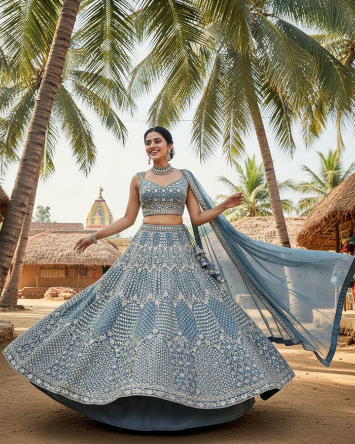 Wedding Wear Sky Blue Color Georgette Embroidered Lehenga Choli
