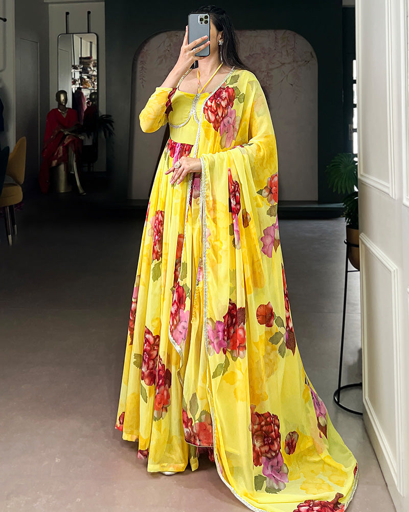 Yellow Color All Over Floral Printed Chiffon Gown