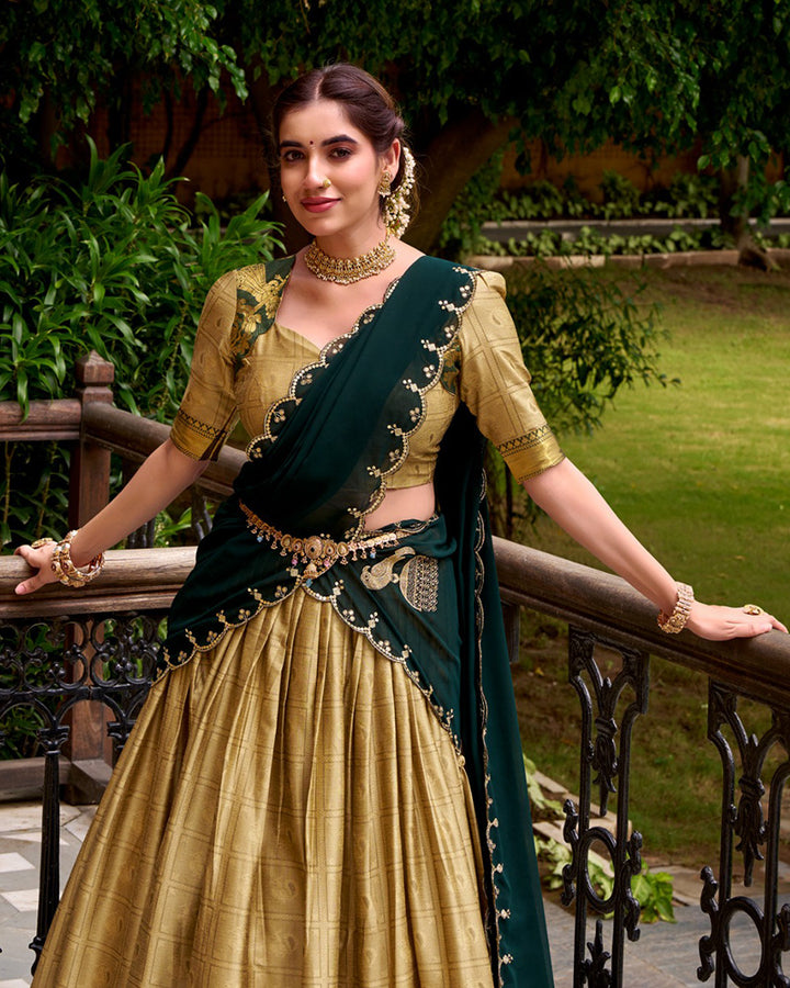 Cream Color Poly Cotton Zari Weaving Half Saree