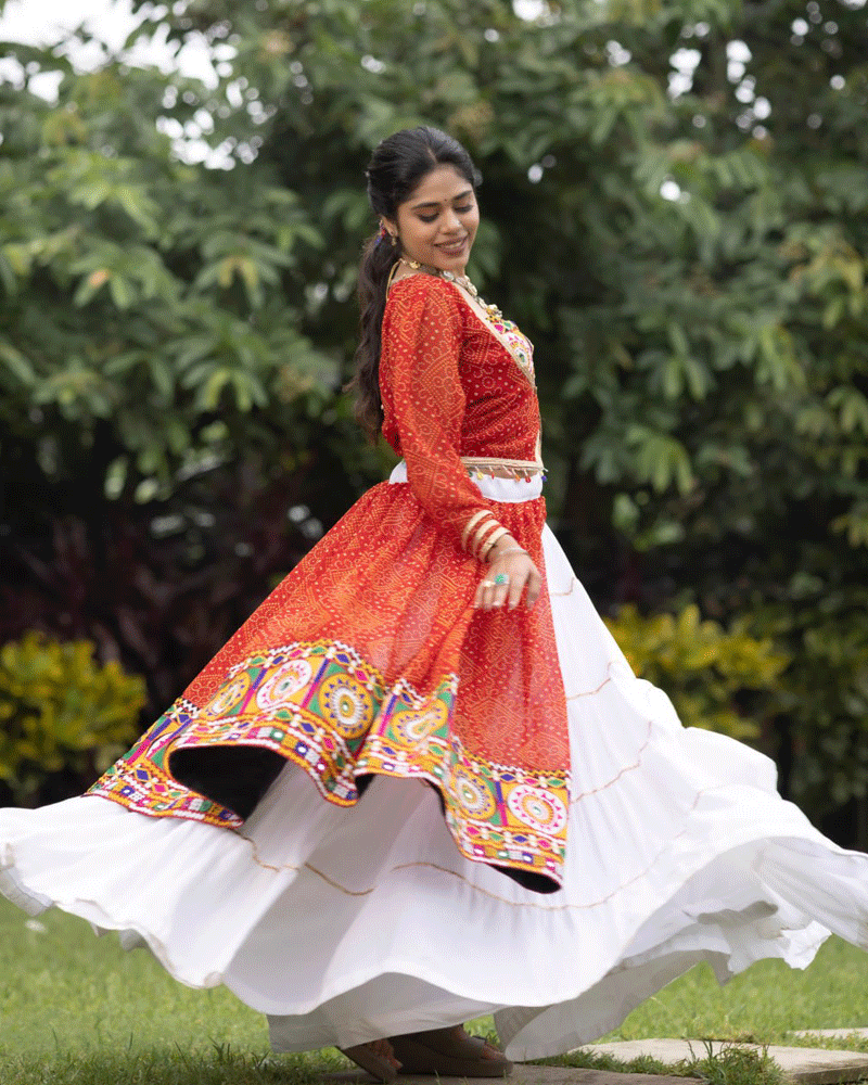Red And White Color Rayon Cotton Navratri Lehenga Choli