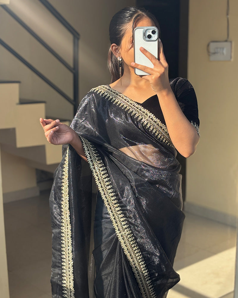 Black Color Soft Twil Net Embroidered Saree