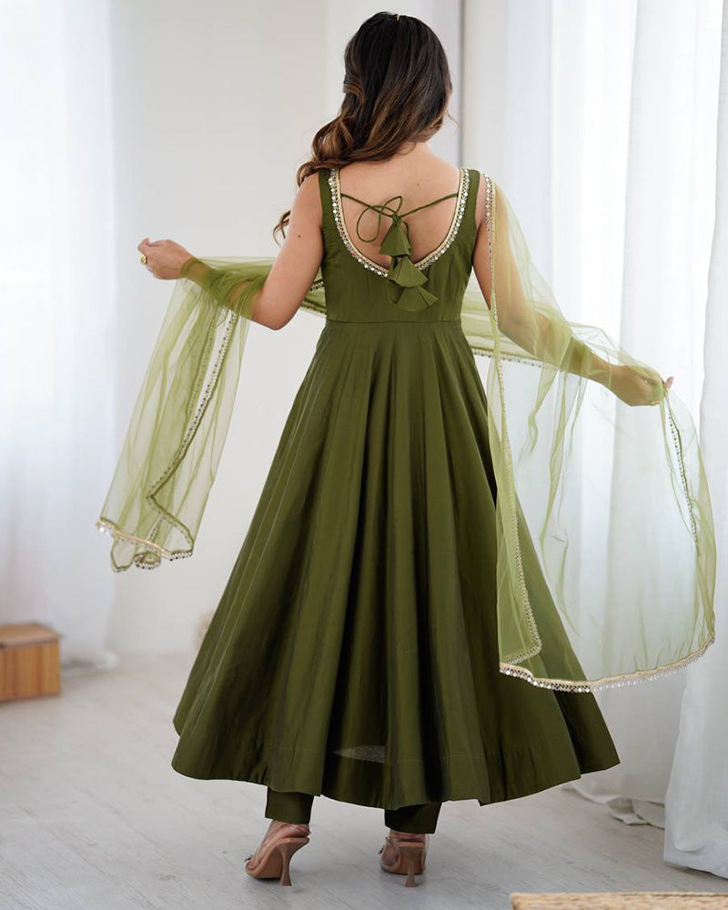 Designer Mehndi Color Roman Chanderi Silk Anarkali Suit